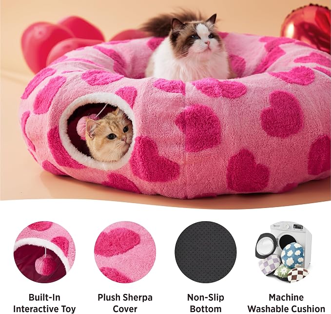 Lesure Donut Cute Jacquard Cat Tunnel Bed Kitten Toys for Puppy Bunny | 33.5x33.5x10in,Round Cat Bed Tube for Indoor Cats Rabbit Dog,Pet Peekaboo Cave Toy,Spiral Hideaway,Washable Cushion