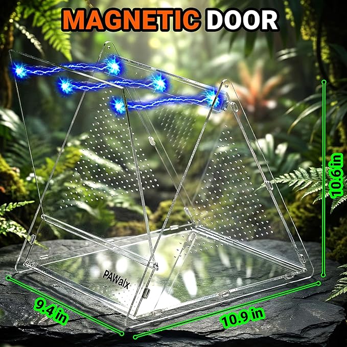 Triangular Jumping Spider Enclosure, Acrylic Terrarium with Magnetic Doors, 0.8mm Micro-Ventilation& Escape-Proof Design for Tarantulas, Lizards, Small Pets, 9.4"x10.9"x10.6"