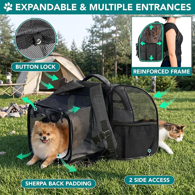 PetAmi Expandable Dog Backpack Carrier for Cats & Pets, Breathable Cat Carrier Backpack with Top Window & Multi-Entry, Ventilated Foldable Travel Carrier for Small Medium Pets up to 18 lbs, Dark Gray