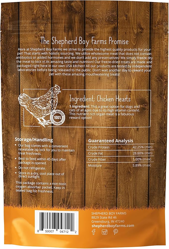 Shepherd Boy Farms Freeze Dried Chicken Hearts for Dogs & Cats - 100% Natural, Single-Ingredient Dog Treats & Cat Treats, High-Protein Organ Meat, Grain Free, Made in USA, 8oz
