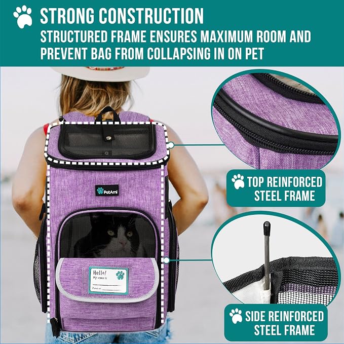 PetAmi Dog Backpack Carrier, Airline Approved 4-Way Entry Cat Backpack Carrier, Ventilated Mesh, Collapsible Pet Carrier for Small Puppy, Kitten, Hiking, Travel Car, Vet, up to 18 lbs, Purple