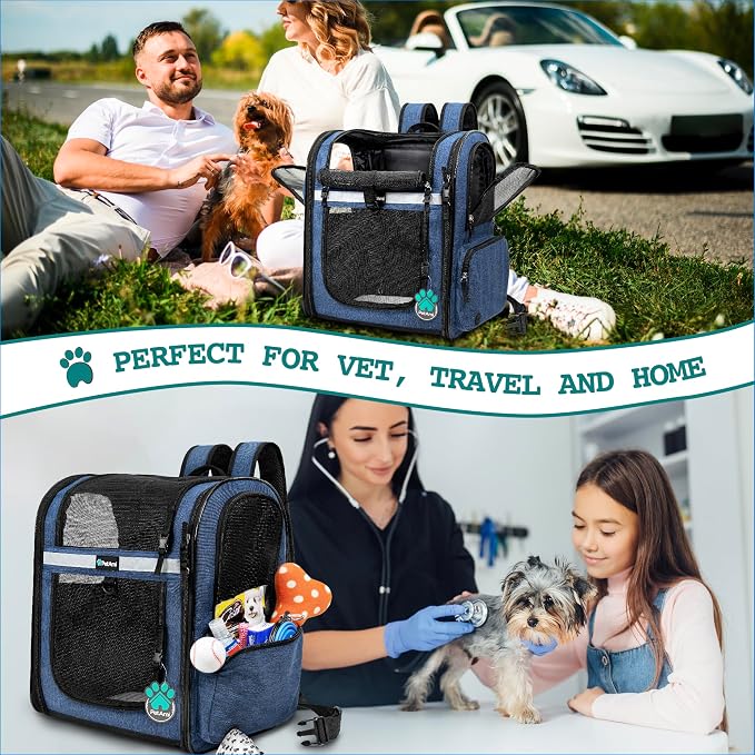 PetAmi Dog Backpack Carrier for Cats, 4-Way Entry Ventilated, 18 lbs, Blue | Sherpa Bed Included, Foldable Load-In Top, Safety Reflective Strap, Breathable Mesh, Poop Bag Dispenser, Padded Back Support