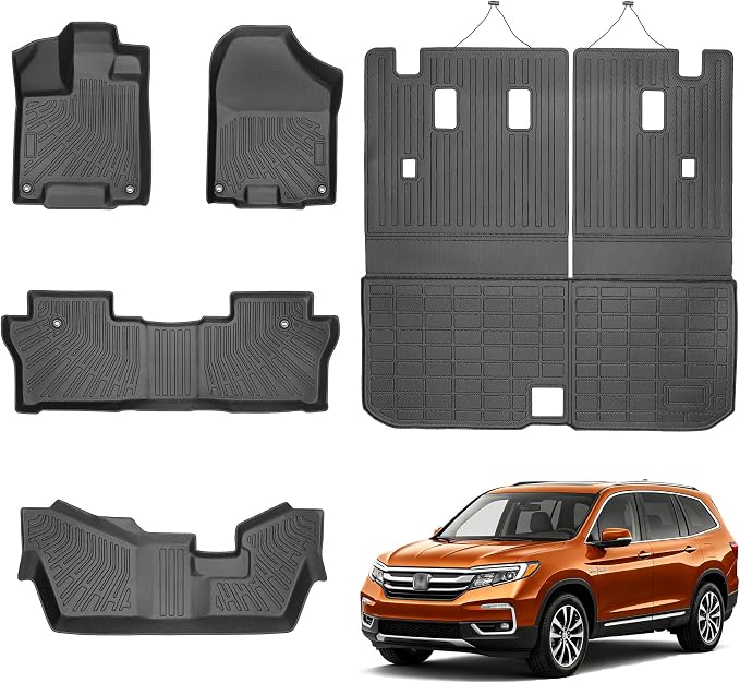 Floor Mats for 2016-2022 Honda Pilot 8 Seats (No Elite Models) All Weather Trunk Mat TPE Trunk Liner Cargo Mat Back Seat Cover for Pilot Car Accessories (Floor Liner + 2 in 1 Cargo Liner)