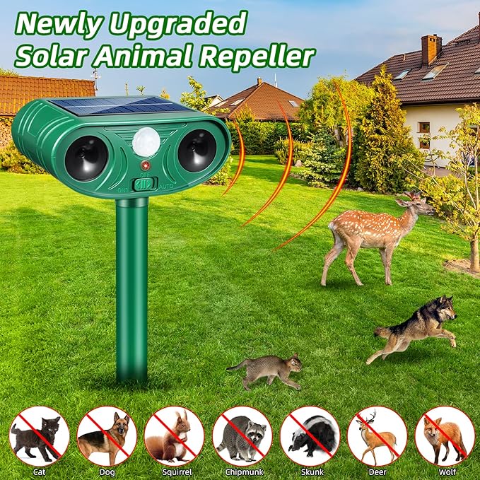 2026 Upgraded Solar Animal Repellent Ultrasonic Outdoor, 2 Pack IP65 Waterproof Deer Repellent & Cat Deterrent with Motion Sensor, Effective Racoon Rabbit Skunk Squirrel Repeller for Yard Garden