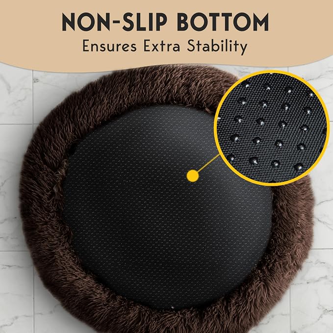 PetJett Calming Dog Bed for Small Dogs – 23" Donut Dog Beds, Anti-Slip & Washable Fluffy Plush Faux Fur Pet Bed, Anti-Anxiety Premium Comfort Round Puppy Bed, Fits Dogs up to 25 lbs – Brown