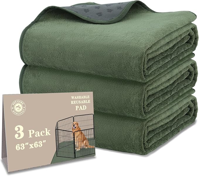 Bunlitent Reusable Pee Pads for Dogs, Whelping Pads, 63'' x 63'', 3 Packs | Green, Extra Large, Quick-Dry, Non-Slip, Waterproof, Fast Absorbent, Reusable Floor Mat, For Puppy, Senior Dog, Incontinence
