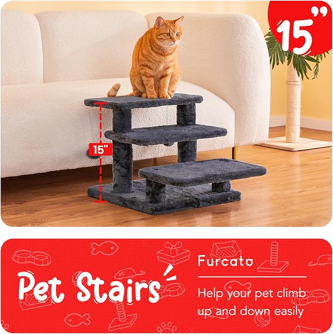15''H Multi-Step Pet Stairs for High Beds & Sofas, 3-Step Cat Stairs with 2 Toy Balls, Wide Boards for Indoor Kittens Dogs Pets Climbing, Smoky Grey