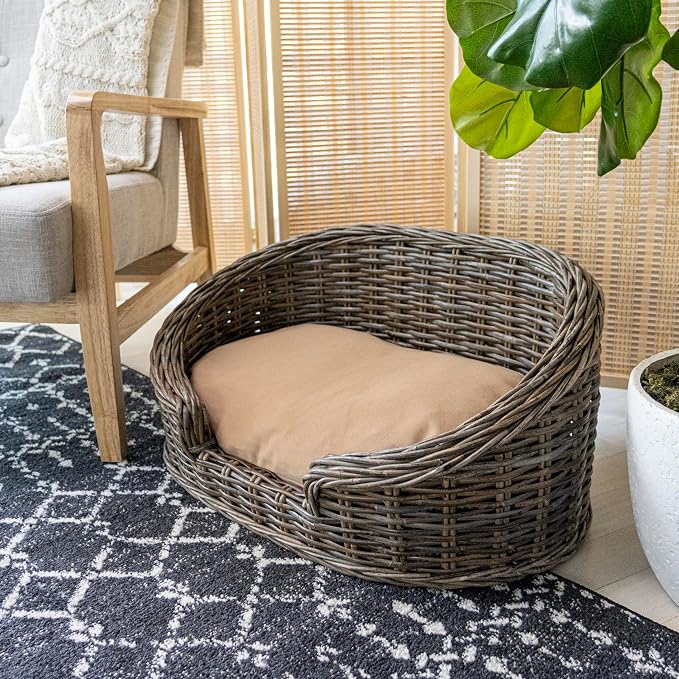 DBD1000A Curvy 28.5" x 17.25" Classic Handwoven Rattan Dog Bed with Machine-Washable Cushion, Kubu Gray