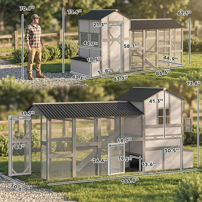 PawHut 147" Extra Large Chicken Coop, Wooden Hen House for 8-10 Hens, Outdoor Chicken House Poultry Hutch with Run, Pull-Out Tray, Nesting Box, Ventilated Windows, Ramp for Rabbit Duck, Gray