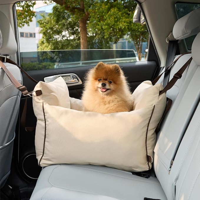 Lesure Dog Car Seat for Small Dogs,Booster Car Bed for Puppy Under 25lbs | Soft Pet Carseat with Clip-On Safety Leash and Thickened Memory Foam Filling,Dog Travel Carrier Bed with Storage Pocket,Beige