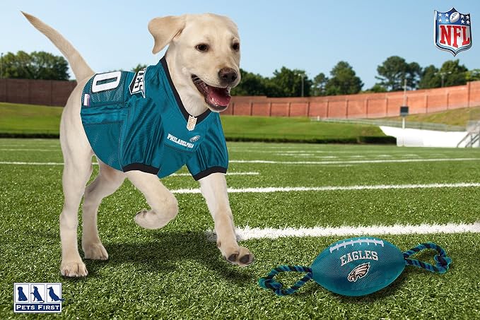 NFL Philadelphia Eagles PET GIFT BOX with 2 Licensed DOG TOYS, 1 Logo-engraved NATURAL DOG TREAT, 1 NFL JERSEY, 1 NFL Puppy Training Bells & 1 Car Seatbelt