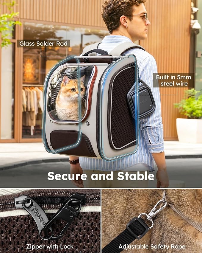 Pecute Dog Backpack Carrier,Large Space Dog Bubble Backpack,Ergonomic,Khaki | Upgraded Transparent Window Offers Greater Transparency,More Wear-Resistant,Sunshade curtain,Folding bowl,Ventilated
