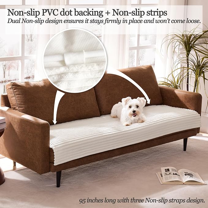 Dual Non-Slip Couch Cover for Dogs Waterproof, Fuzzy Soft Pet Couch Covers for Sofa 3 Cushion, Pet Friendly Soft Dog Bed Covers Sofa Cover Washable (White, 33" x 85" 1 Pack)