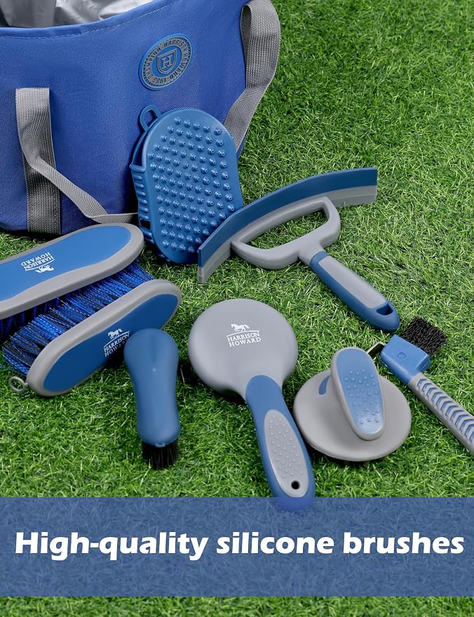Harrison Howard Horse Grooming Kit 9 Piece with Tote, Non-Slip Silicone Grip Brush Set for Horses, Shedding Bathing Daily Care, Beginner Friendly Deep Blue