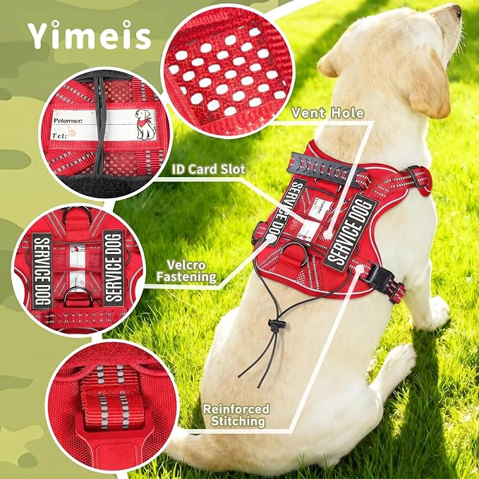 Service Dog Tactical Vest Harness and Leash Set Large Sized Dog Emotional Support- Tactical Dog Harness Training Collar with Name (Red, M)