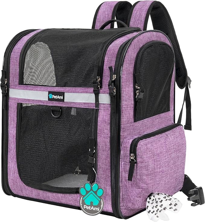 PetAmi Dog Backpack Carrier, 4-Way Entry Ventilated, 18 lbs, Purple | Sherpa Bed Included, Foldable Load-In Top, Safety Reflective Strap, Breathable Mesh, Poop Bag Dispenser, Padded Back Support
