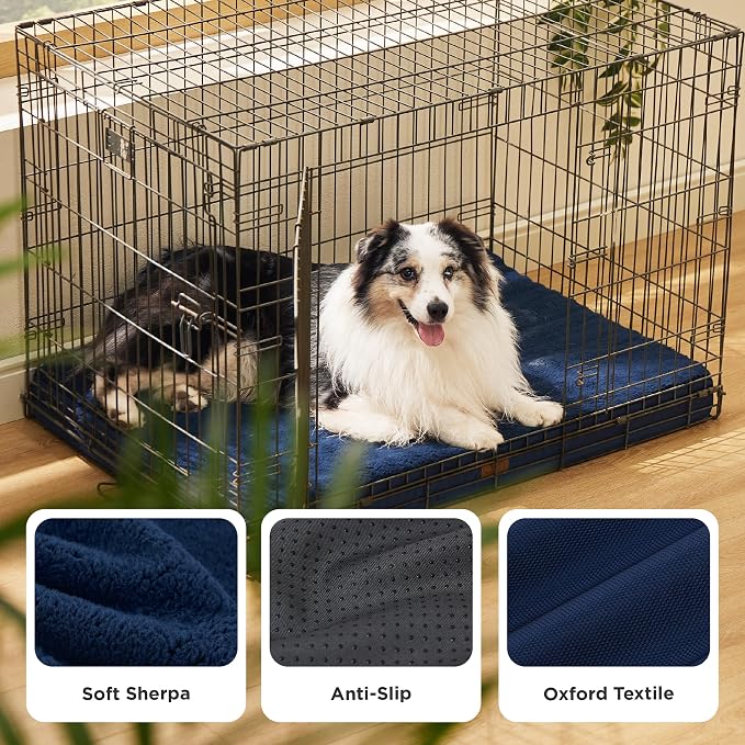 Bedsure XL Dog Bed for Crate, Pet Bed with Washable Cover, 41x27 Inch Navy | Orthopedic Egg Crate Foam, Flat Rectangle Sherpa Mat, Non-Slip Bottom, Comfy Removable Cover, For Extra Large Pets ≤ 65 lbs