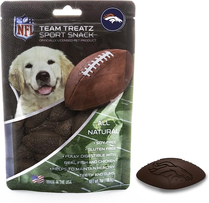 NFL Denver Broncos PET GIFT BOX with 2 Licensed DOG TOYS, 1 Logo-engraved NATURAL DOG TREAT, 1 NFL JERSEY, 1 NFL Puppy Training Bells & 1 Car Seatbelt