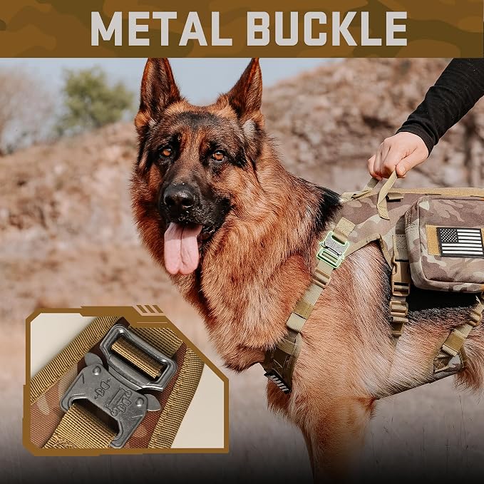 Forestpaw Tactical Dog Harness Tactical Dog Collar with Bungee Leash Set,No Pull Military Dog Harness for Walking Training,Adjustable for Medium Large Dogs,Camouflage Brown,Chest 27-40"