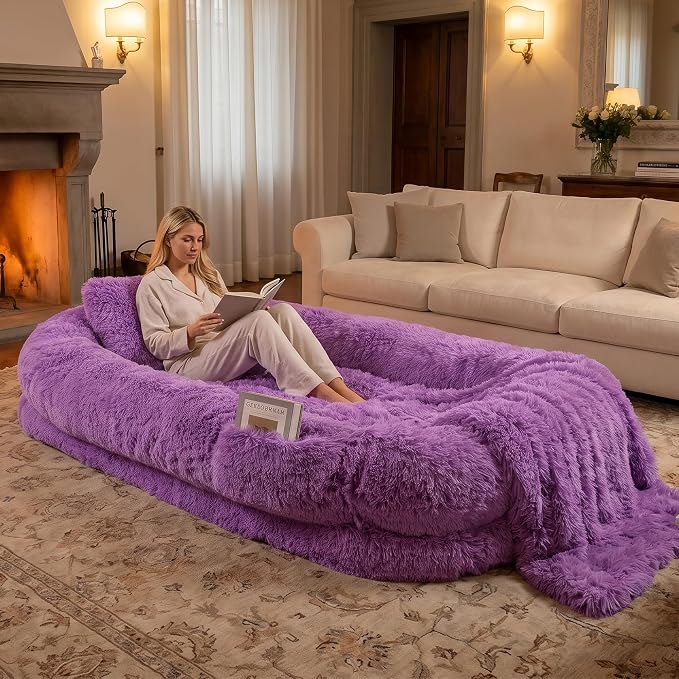 Human Dog Bed, Oversized Plush Lounger Bed with Plump Pillow and Blanket | 71" x 45" x 12" Long Plush Polyester Floor Nest for Relaxing, Napping, Reading, and Family Cuddle Time - Purple