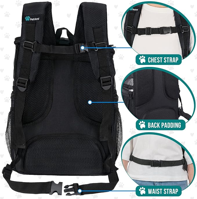 PetAmi Dog Backpack Carrier, Airline Approved 4-Way Entry Cat Backpack Carrier, Ventilated Mesh, Collapsible Pet Carrier for Small Puppy, Kitten, Hiking, Travel Car, Vet, up to 18 lbs, Black