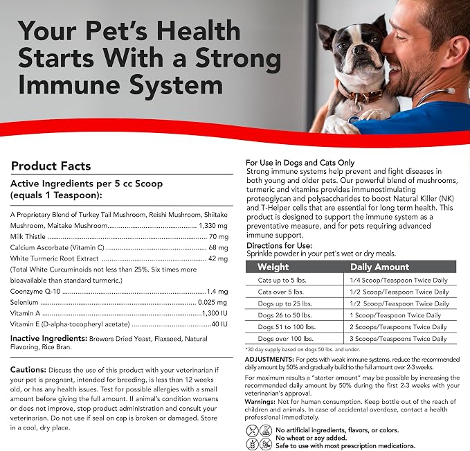 Critical Immune Defense for Dogs & Cats; Supports Normal Cell Growth - Turkey Tail, Reishi, Shiitake and Maitake Mushroom Formula with Patented White Turmeric Root Extract (Large / 90 Day Avg. Supply)