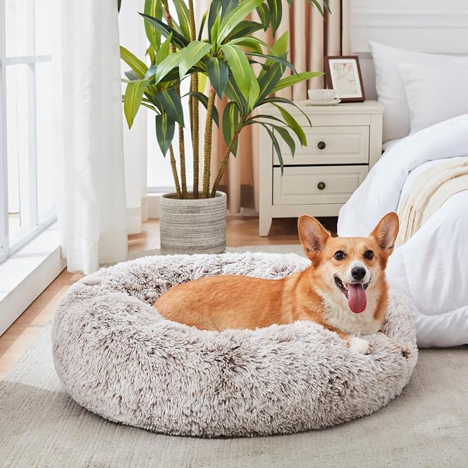 Western Home Calming Donut Medium Dog Bed Washable Pet Bed,30" White Khaki | Fluffy Faux Fur Round Cuddler,Anti-Anxiety,Anti-Slip Bottom,Plush Pet Dog Beds for Medium Sized Dogs,Up to 45 LBS