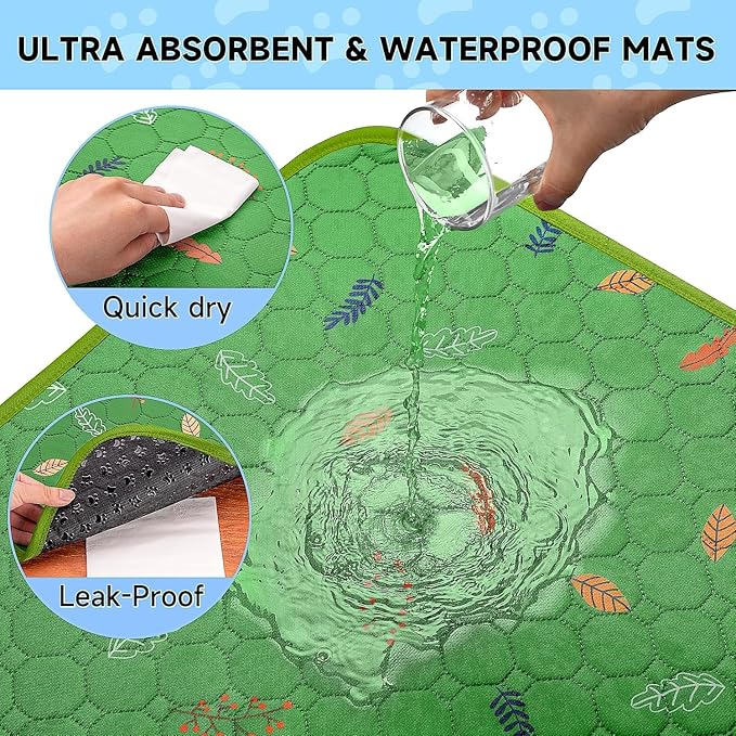 Sunheir Washable Pee Pads for Small Pet 5-Pack, Reusable Pet Training Pads Absorbent & Leak-Free, Waterproof Pee Pads for Dog Cat Rabbit Guinea Pig Hamster, Whelping Pad (Leaves - Green, 12x12)