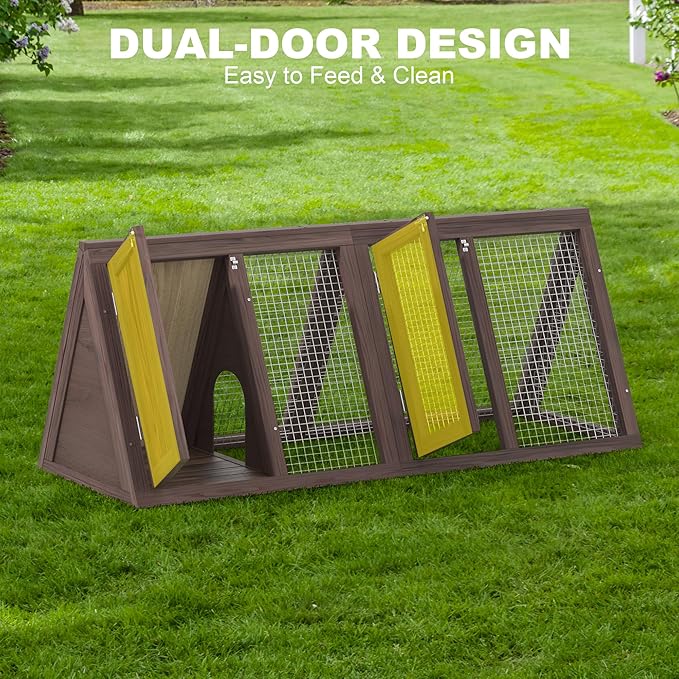 Small Chicken Coop, Rabbit Hutch Outdoor, Wooden Triangle Rabbit Cage with 2 Door & Poultry Run, Portable Bunny Hutch for Chicken, Rabbit, Guinea Pigs, Hedgehog, Small Animals (Rustic Brown)