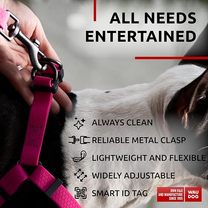 WAUDOG Waterproof Dog Harness - Adjustable for Large, Medium & Small Dogs - Heavy Duty with Durable Metal Clasp & QR Dog Tag - Pink (20-32in)