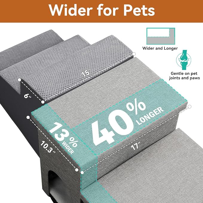 Zerbuger Dog Stairs with Storage, Grey 2 Steps Dog Ramp with Condo for Bed | 15" H Wider Dog Steps for Beds Couch, Folding Storage Pet Stairs Gift for Climbing Small/Medium/Large Old Dogs Cats