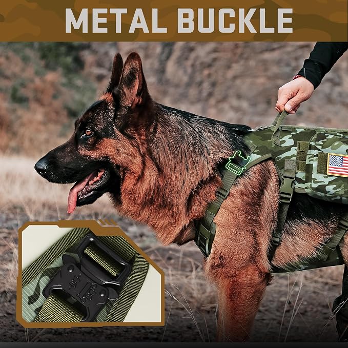 Forestpaw Tactical Dog Harness Tactical Dog Collar with Bungee Leash Set,No Pull Military Dog Harness for Walking Training,Adjustable for Medium Dogs,Camouflage Green,Chest 22-35"