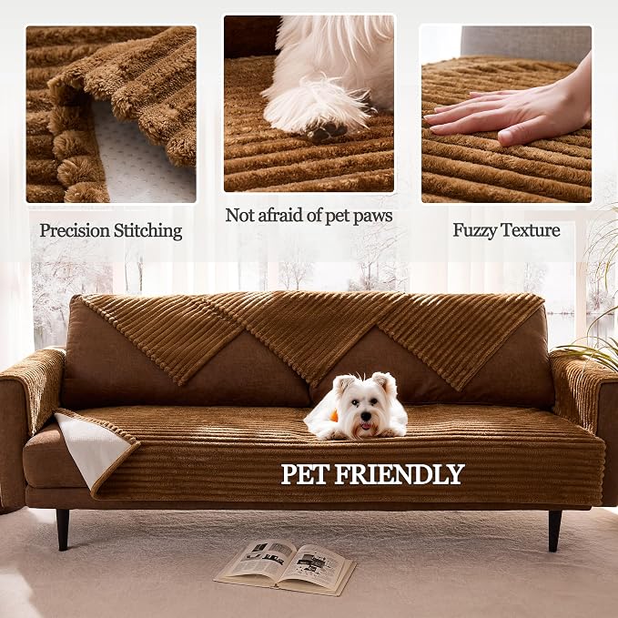 Dual Non-Slip Couch Cover for Dogs Waterproof, Fuzzy Soft Pet Couch Covers for Sofa 3 Cushion, Pet Friendly Soft Dog Bed Covers Sofa Cover Washable (Coconut, 33" x 95" 1 Pack)