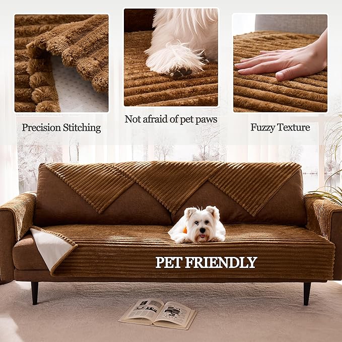 Waterproof Dual Non-Slip Couch Cover for Dogs, Fuzzy Soft Pet Couch Covers for 2 Cushion Sofa loveseat, Pet Friendly Soft Dog Bed Covers Sofa Cover Washable (Coconut, 33" x 62" 1 Pack)