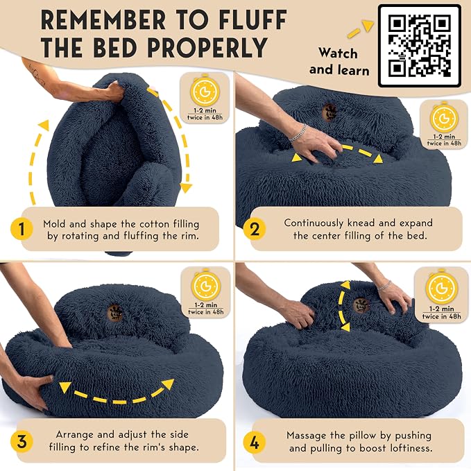 PetJett Dog Beds Large Sized Dog - 36'' Calming Round Bed, Washable Dog Bed - Anti-Slip Super Soft Donut Bed, Fluffy Faux Fur Anti-Anxiety Premium Comfort Pet Bed, Fits Dogs up to 80 lbs - Dark Grey