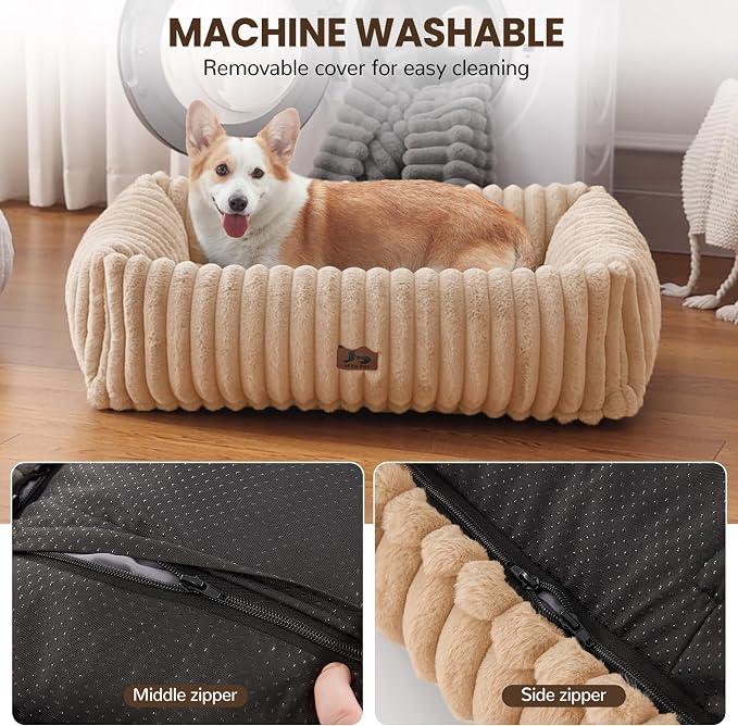 Dog Bed Medium Size Dog, Rectangle Orthopedic Pet Bed for Car and Indoor, Comfort Fluffy Memory Foam Dog Beds with Anti-Slip Bottom, Camel(30x24x8inchs)