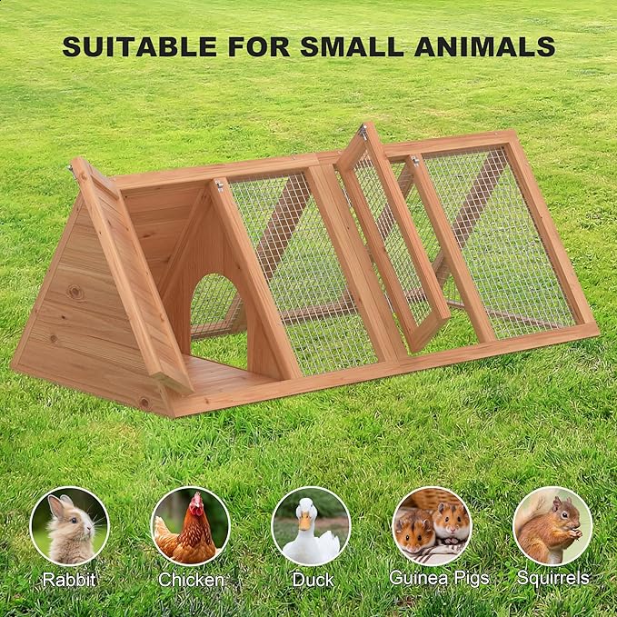 Small Chicken Coop, Rabbit Hutch Outdoor, Wooden Triangle Rabbit Cage with 2 Door & Poultry Run, Portable Bunny Hutch for Chicken, Rabbit, Guinea Pigs, Hedgehog, Small Animals (Natural Wood)