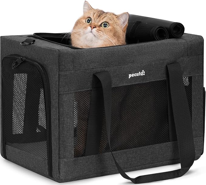 Pecute Cat Carrier, Portable Dog Carrier with Stable Structure, Dark Grey | Larger Space, 360° Ventilation & Comfort, Escape-Proof, for Travel / Car Trips / Vet Visits, Fits Cats up to 11 lbs