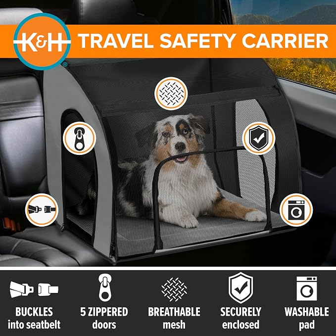 K&H Dog Car Seat, Travel Safety Carrier for Pets, Large, Gray/Black | Enclosed Car Seat for Dogs, Soft-Sided Covered Pet Carrier, Washable Pad, Multiple Entrances, Mesh Windows, 29.5x22x25.5in