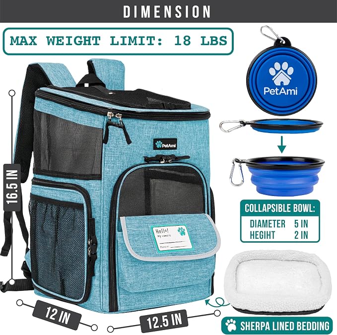 PetAmi Dog Backpack Carrier, Airline Approved 4-Way Entry Cat Backpack Carrier, Ventilated Mesh, Collapsible Pet Carrier for Small Puppy, Kitten, Hiking, Travel Car, Vet, up to 18 lbs, Turquoise