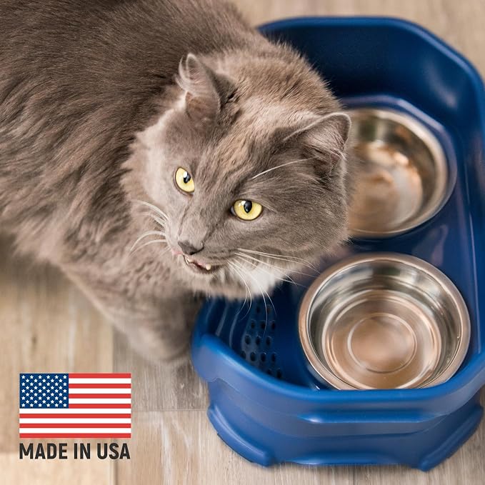 Neater Pet Brands Neater Feeder Deluxe Mess Proof Cat Bowls Elevated, Made in USA, No Spill Raised Bowls for Indoor Cats, Stainless Steel Food and Water Bowl Set, Pet Dish Feeding Station, Dark Blue