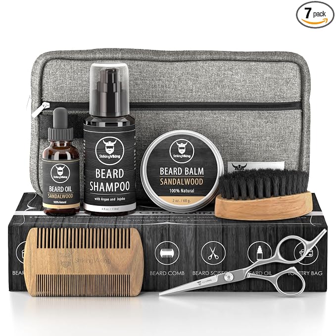 Striking Viking Grooming Kit - Premium Care Products for Men with Beard Shampoo, Oil, Balm Butter, Brush, Wooden Comb, Mustache Scissors & Toiletry Bag | Premium Care Products for Men with Beard Shampoo, Oil, Balm Butter, Brush, Wooden Comb, Mustache S...