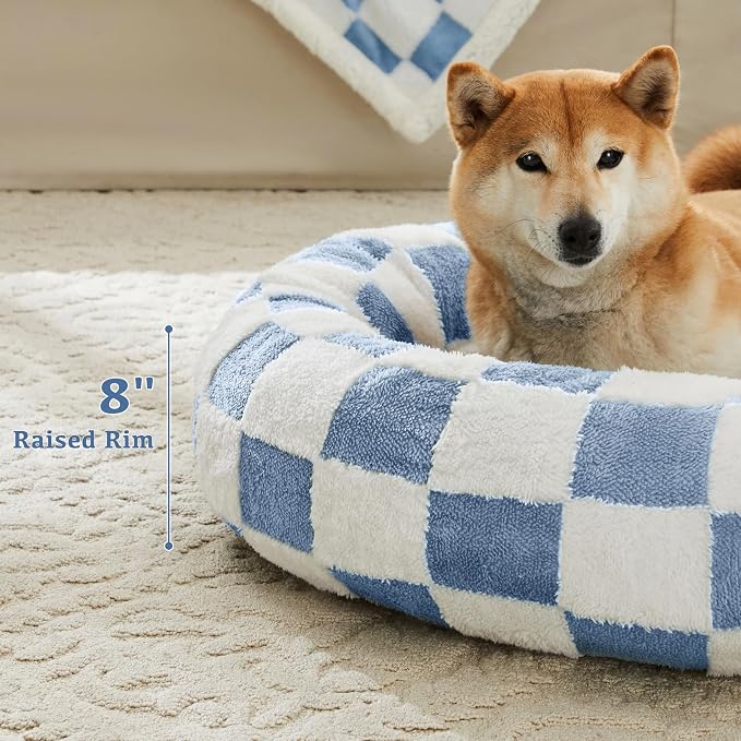 Ohocut Checkered Cat Dog Bed, Cute Blue Retro Style Aesthetic Round Warming Pet Calming Beds for Small Dog and Cats, Plush Cozy Donut Beds Washable, 23" L x 23" W x 8" Th