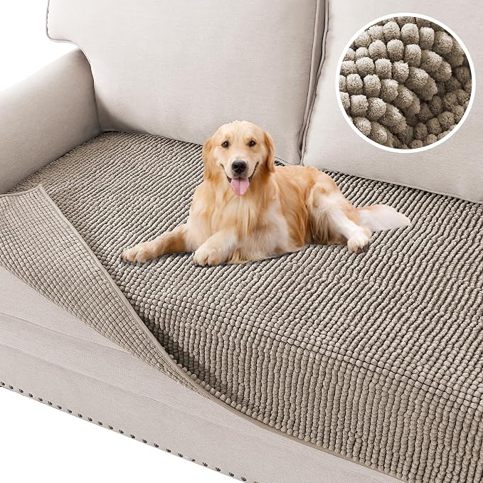 H.VERSAILTEX Plush Chenille Pet Couch Cover Thick Soft Sofa Cover for 3 Cushion Couch Anti Slip Couch Cover Furniture Protector for Dog, Pet, Cat (35" x 74", Taupe)