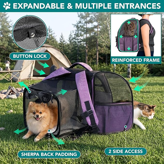 PetAmi Expandable Dog Backpack Carrier for Cats & Pets, Breathable Cat Carrier Backpack with Top Window & Multi-Entry, Ventilated Foldable Travel Carrier for Small Medium Pets up to 18 lbs, Purple