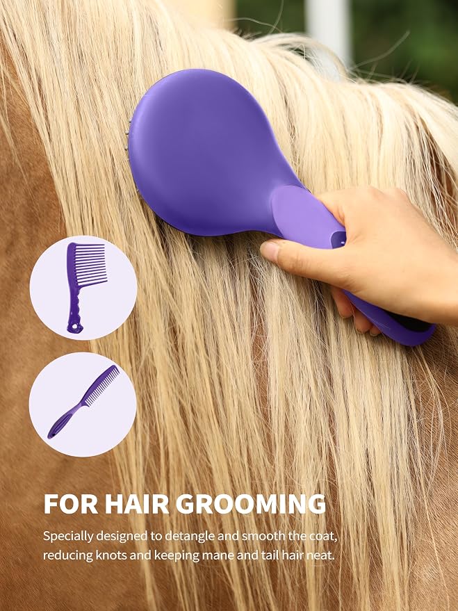 Harrison Howard Horse Grooming Kit 9 Piece with Tote Bag, Non-Slip Horse Brush Set for Shedding, Bathing, Hoof Care, Mane & Tail Grooming, Equine Grooming Supplies Purple