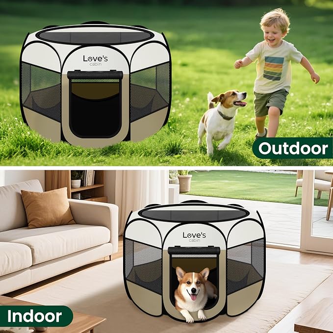 Love's cabin Pet Puppy Dog Playpen, Small Dog Tent Crates Cage Indoor/Outdoor, Portable Playpen for Cat, Foldable Pop Up Dog Kennel Playpen with Carring Case, Removable Zipper Top, Khaki