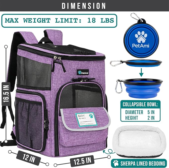PetAmi Dog Backpack Carrier, Airline Approved 4-Way Entry Cat Backpack Carrier, Ventilated Mesh, Collapsible Pet Carrier for Small Puppy, Kitten, Hiking, Travel Car, Vet, up to 18 lbs, Purple