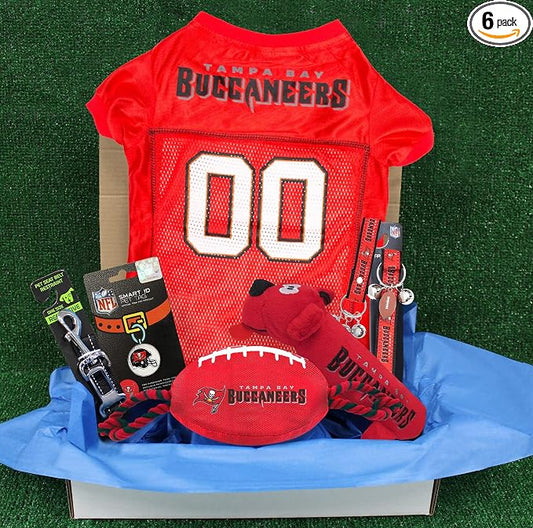 Tampa Bay Buccaneers PET GIFT BOX with 2 Licensed DOG TOYS, 1 Logo-engraved NATURAL DOG TREAT, 1 NFL JERSEY, 1 Puppy Training Bells & 1 Car Seatbelt
