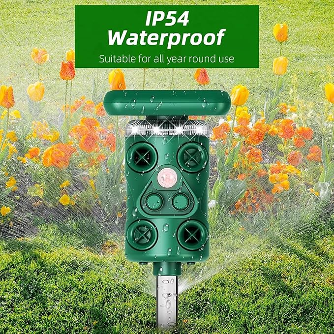 Solar Ultrasonic Deer Repellent Device – Animal & Raccoon Repellent Outdoor with Motion Sensor Flashing LED, IP54 Waterproof Wildlife Deterrent, 13.5–45.5KHz Dual Chip Pest Repeller 2PK